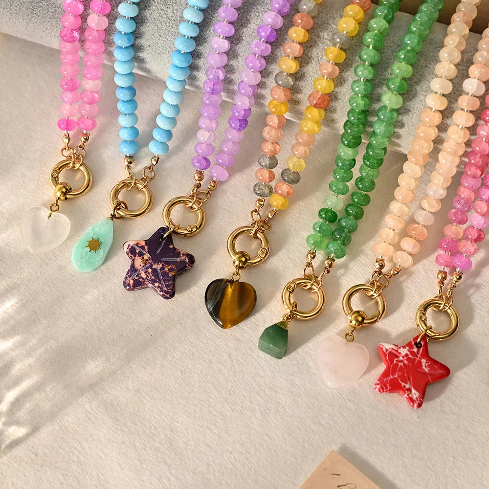Trendy Natural Stone Star Heart Pendant DIY Necklace for Women Colorful Handmade Beaded Collars Necklace Stainless Steel Jewelry