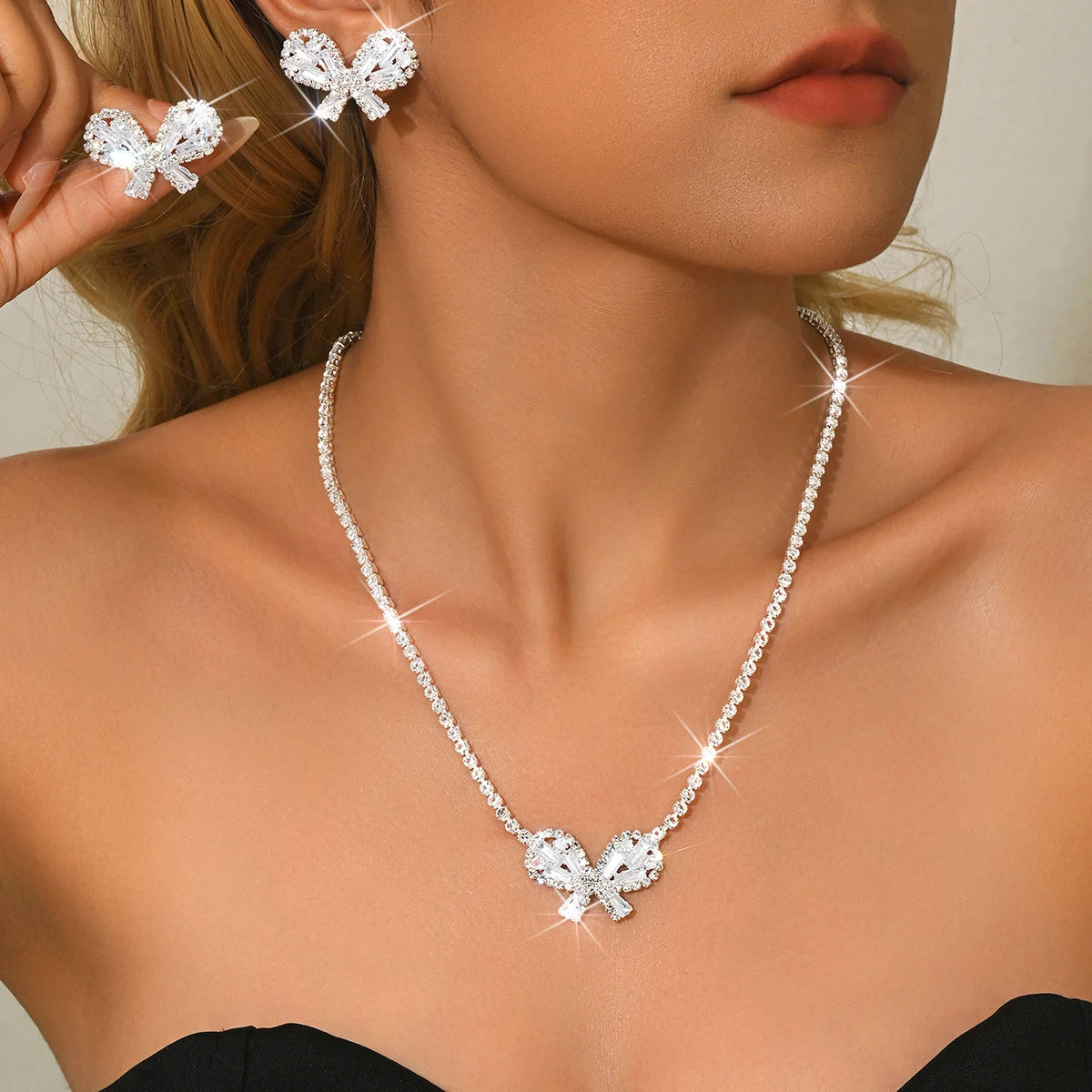 Sparkling bow, crystal necklace, earrings, jewelry set, ball bridesmaid, sweet girl style, summer graduation party accessories