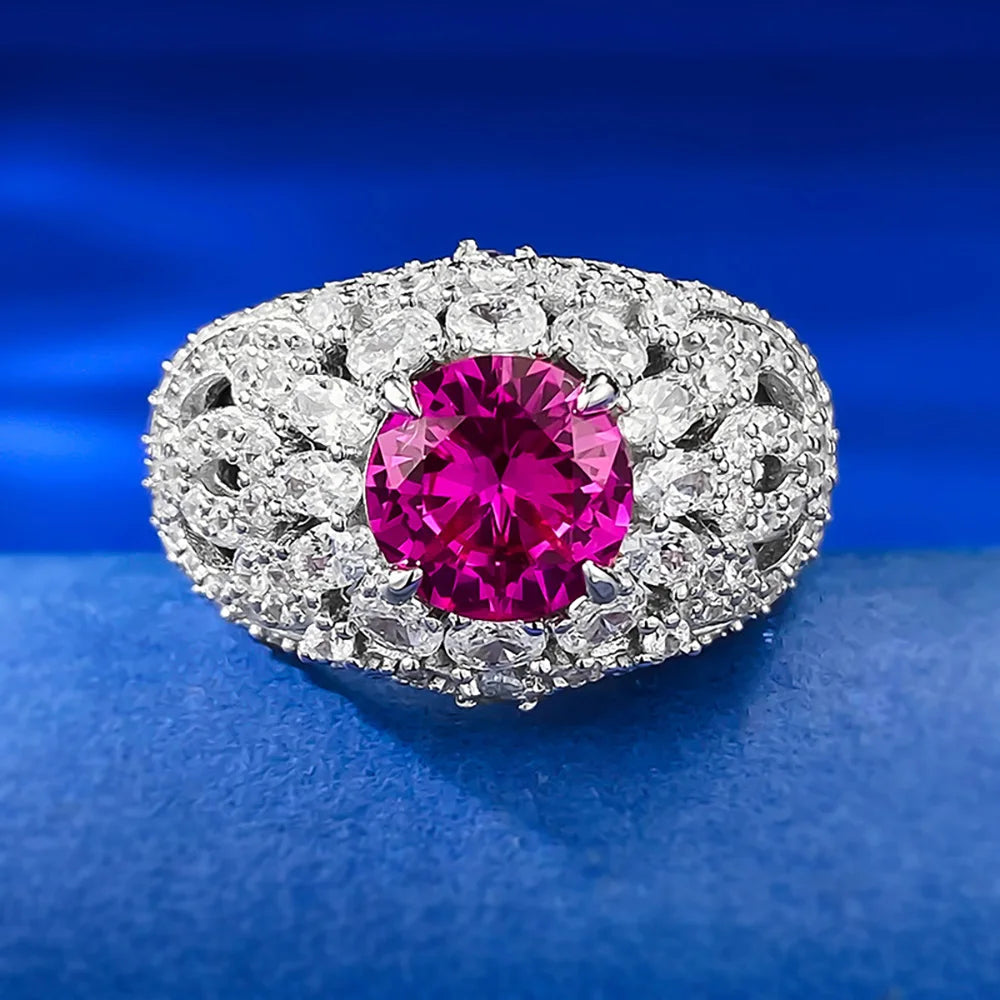 Vintage 100% 925 Sterling Silver 8mm Rose Red Ruby Rings for Women Gemstone Wedding Cocktail Party Fine Jewelry Anniversary Gift