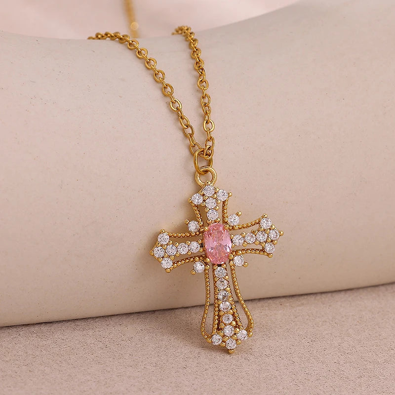 ANENJERY 316L Stainless Steel Crosss Pink Blue Zircon Necklace For Women Delicate Vintage French Personality Niche Jewelry Gifts