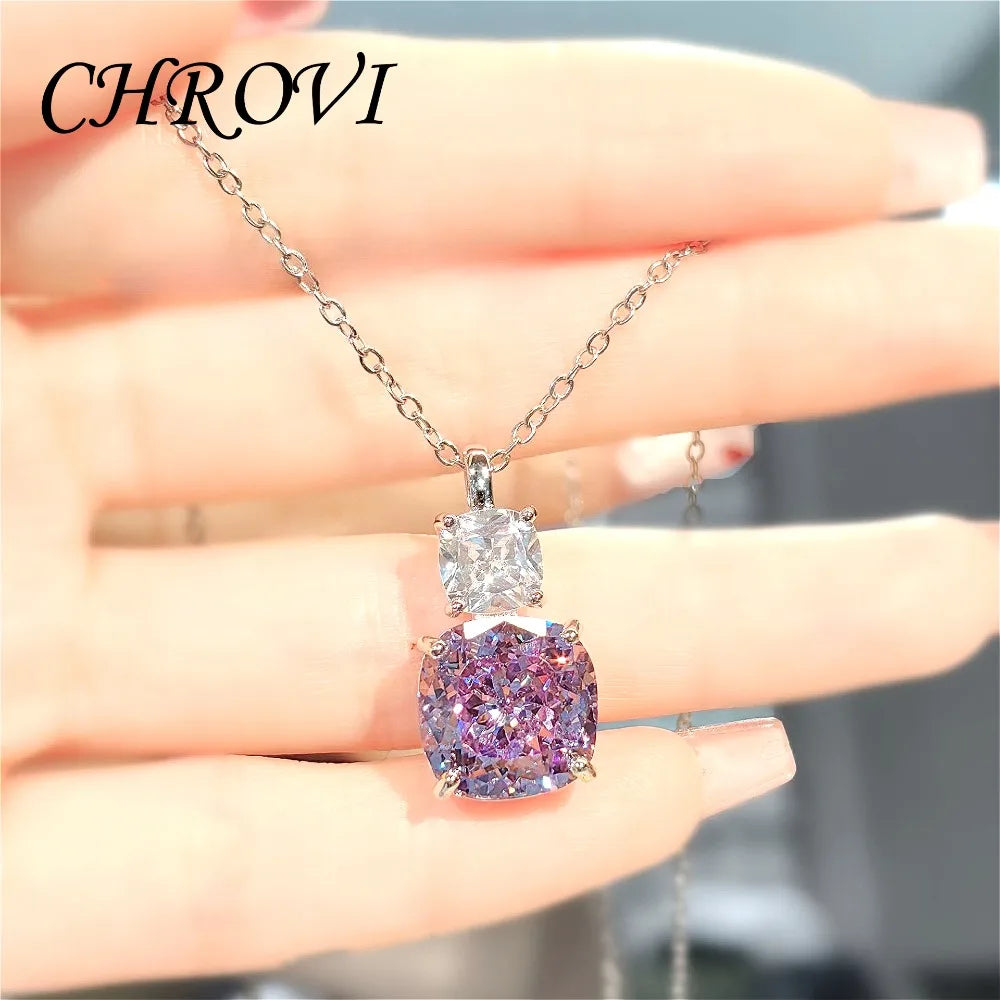 Fashion 925 Sterling Silver Pink Diamond Necklace with Purple Pendant, Stud Earrings, Ring, and Coloured Gemstone Set for Women