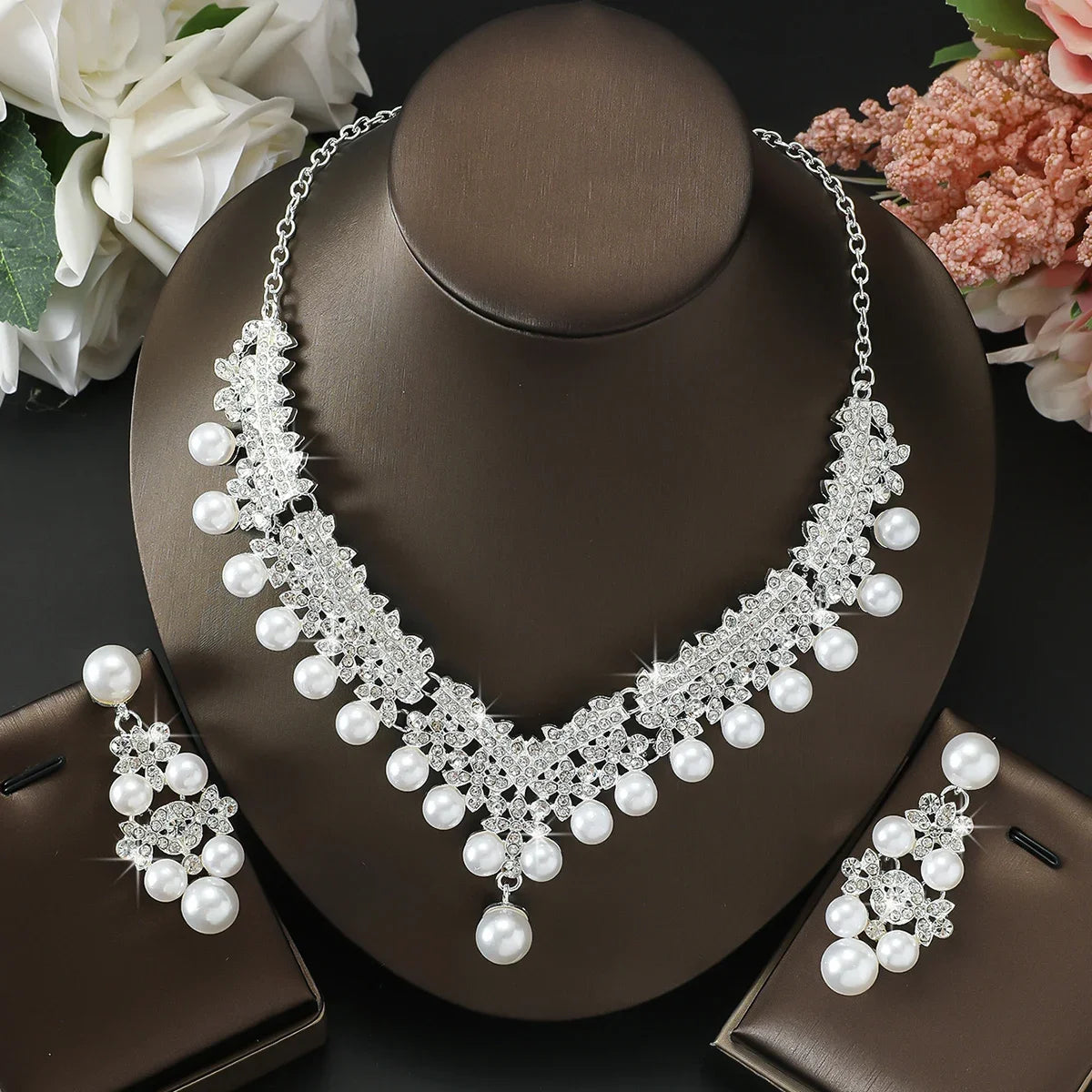 FYUAN Luxury Pearl Necklace Earrings For Women Weddings Banquet Jewelry Sets
