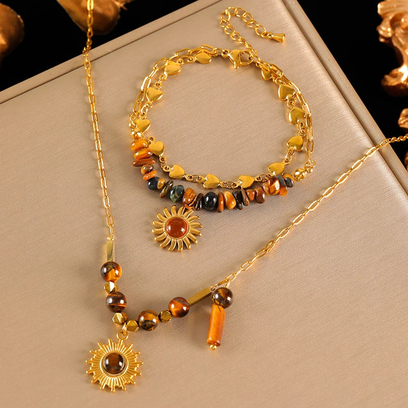 EILIECK 316L Stainless Steel Vintage Brown Beaded Pendant Necklace Bracelet Trendy For Women New Gift Waterproof Jewelry Set