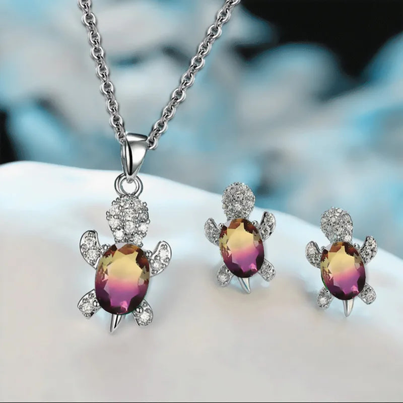 Multicolor Rhinestones Turtle Necklace Earrings sets for Women 14k Platinum Plated 3 Pcs Jewelry Set Female Party Wedding Gifts