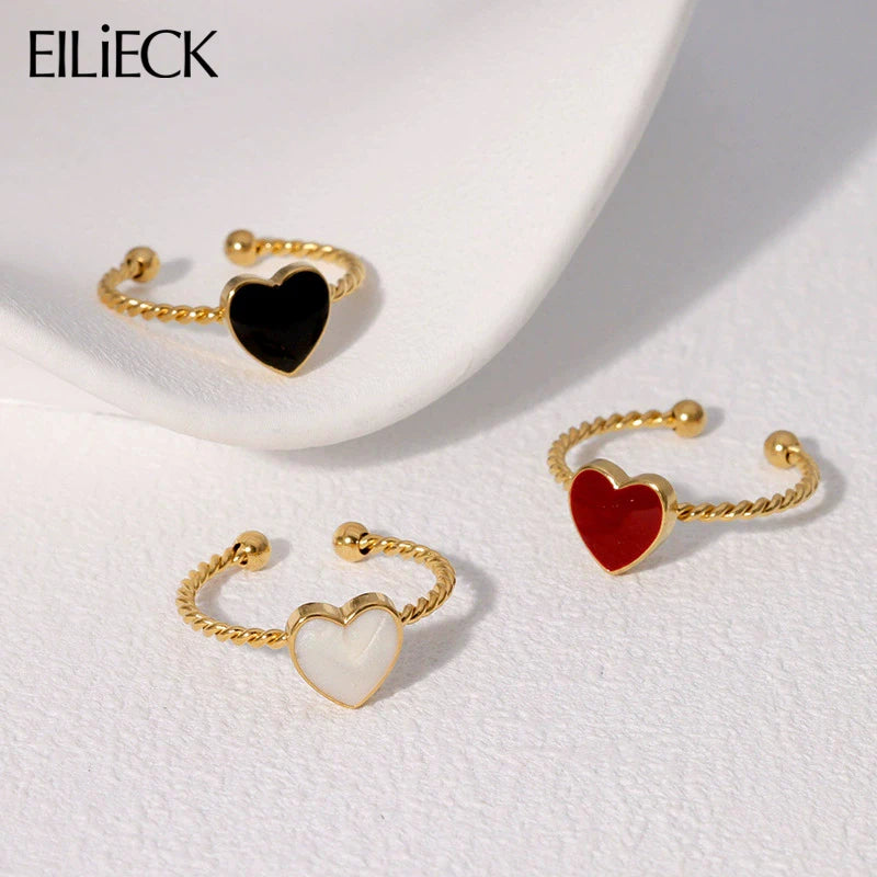 EILIECK 316L Stainless Steel Heart Love Adjustable Ring For Women Girl Fashion Finger Ring Waterproof Chic Jewelry Party Gift