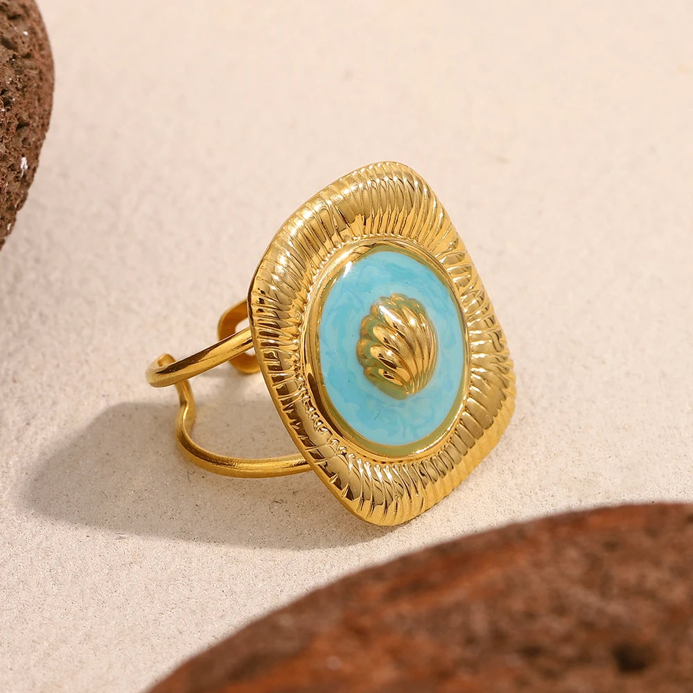 E.B.belle New Design Blue Drop Oil Square Shell Trendy Women's Earrings Rings 18K Gold Plated Stainless Steel Jewelry Set