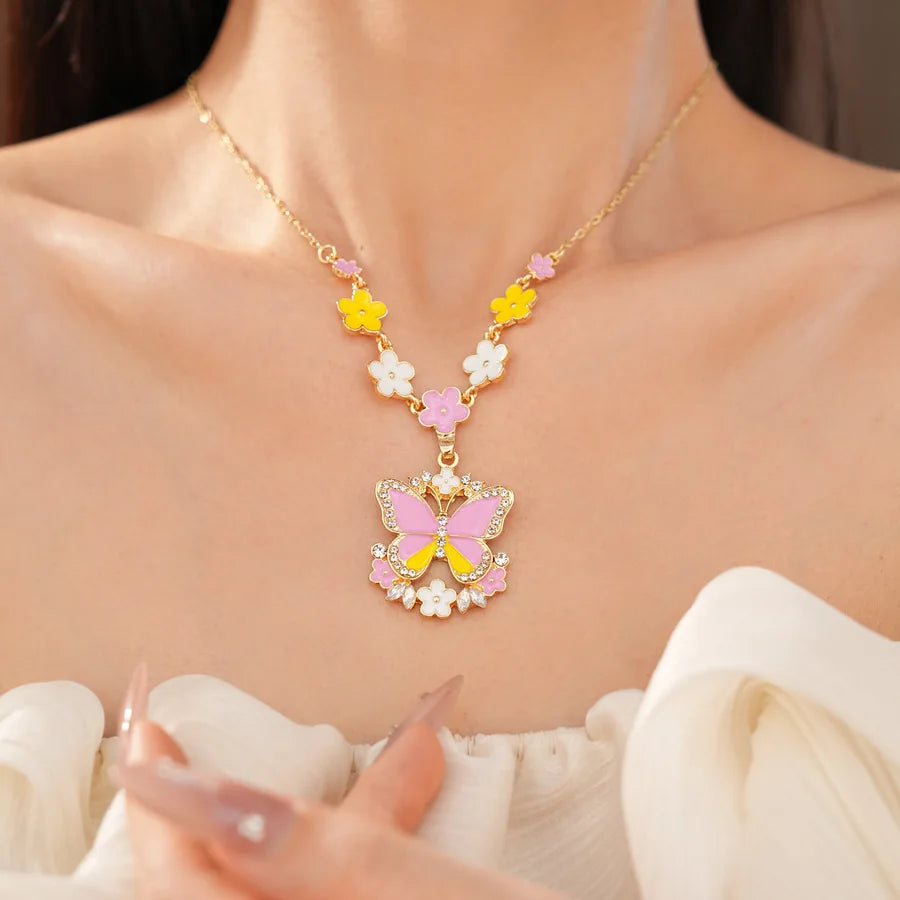 Pink Yellow Butterfly Flower Jewelry Set Sweet Enamel Necklace Drop Earrings Women's Fashion Party Banquet Accessories K