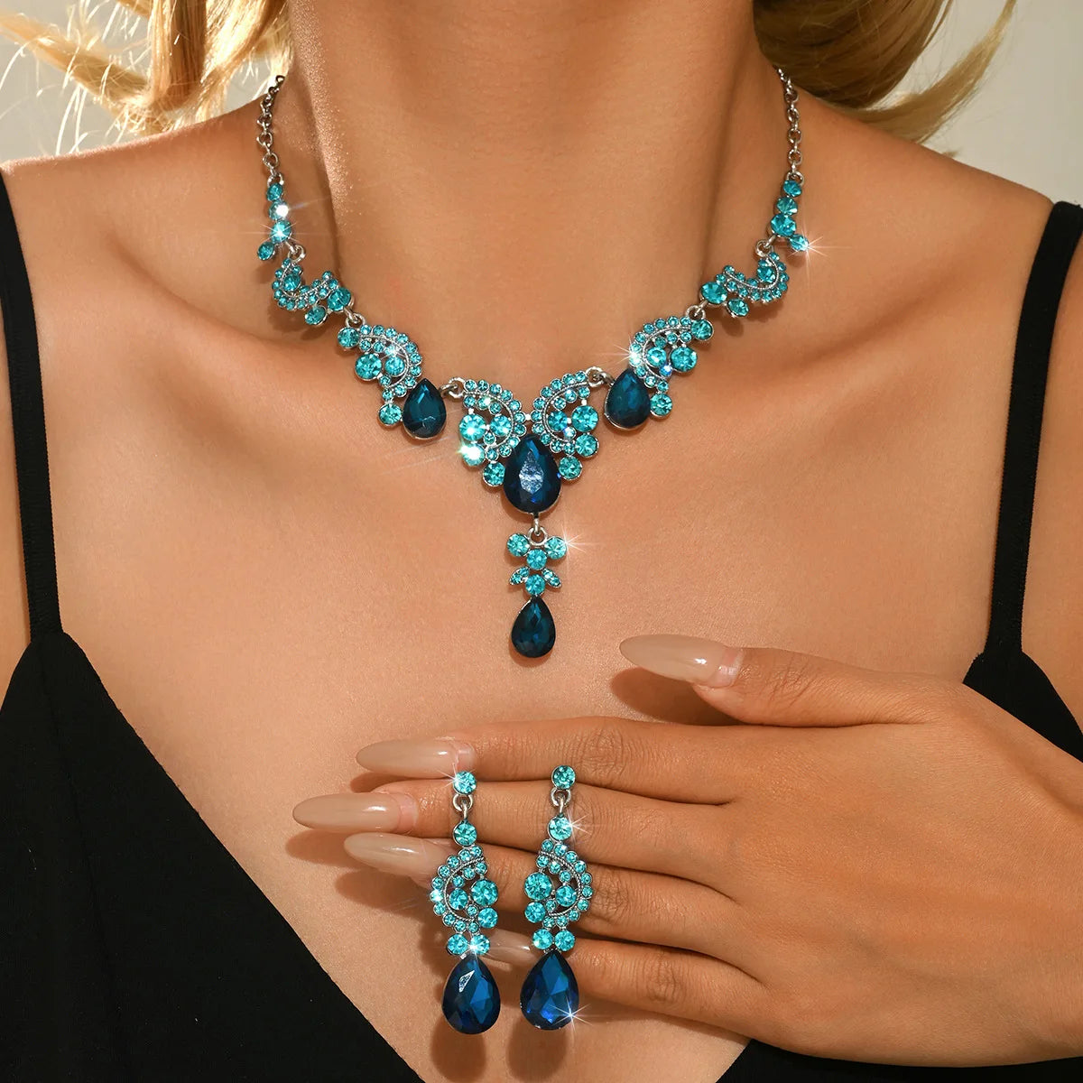 Women's Blue Geen Black Water Drop Earrings Necklace Set, Elegant Jewelry Gift for Women, Perfect for Parties & Daily Wear
