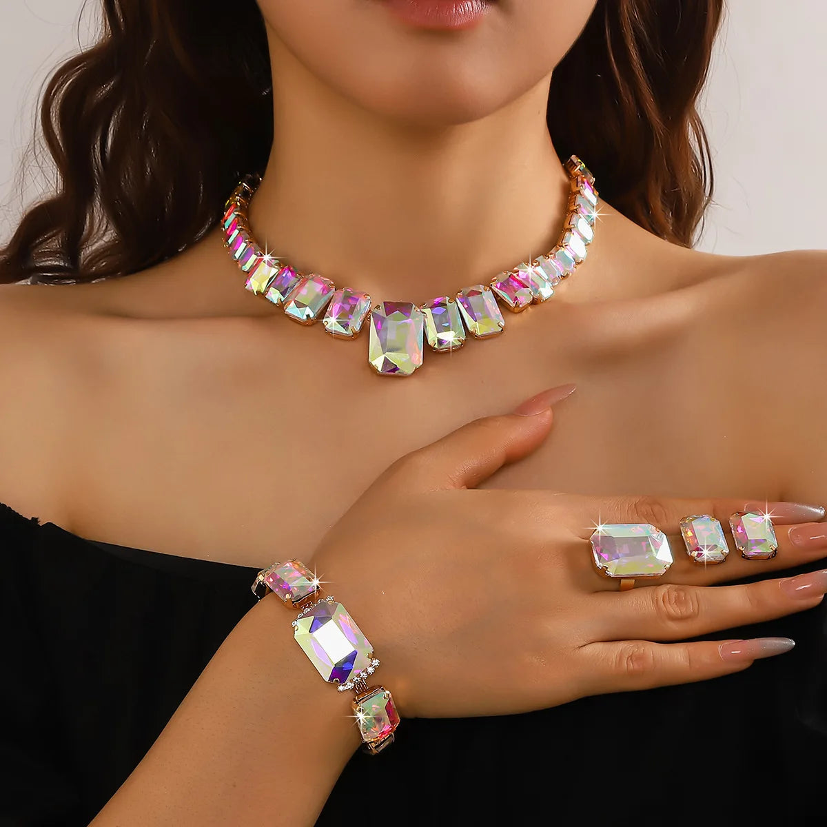 FYUAN Red Champagne Green Rectangle Geometric Necklace Earrings Bracelet Crystal Earrings for Women Wedding Jewelry Sets