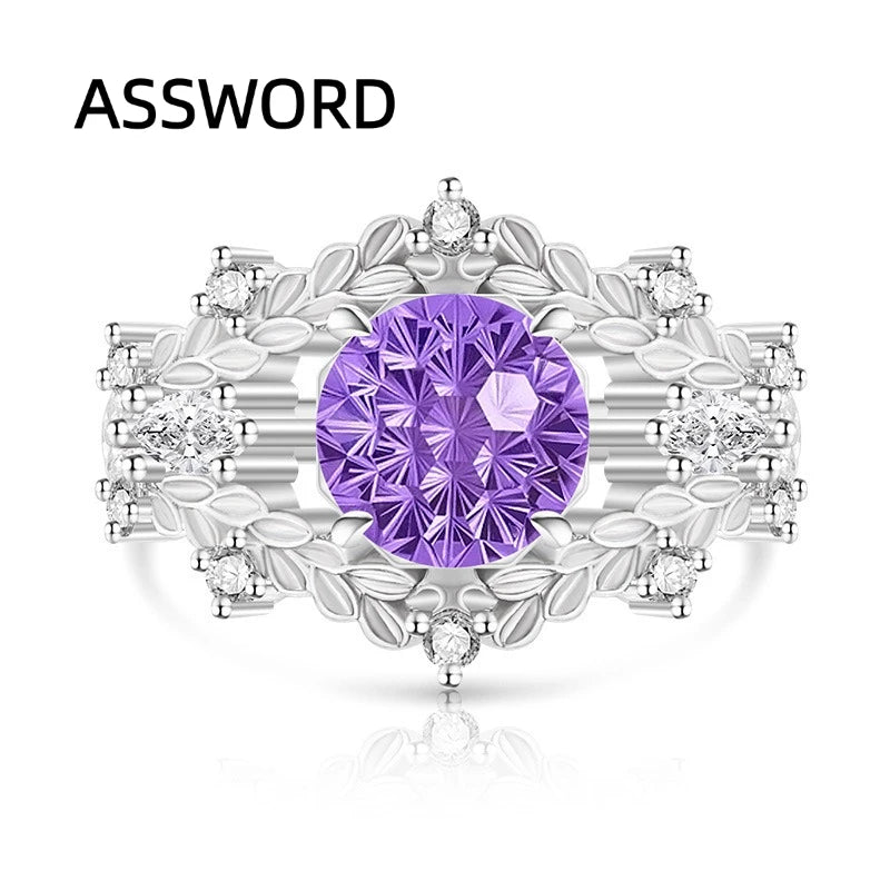 925 Sterling Silver Vintage Leaf Flower Ring Round Ice Flower Cut Cubic Zirconia Wedding Band Luxury Fine Jewelry Gift for Women