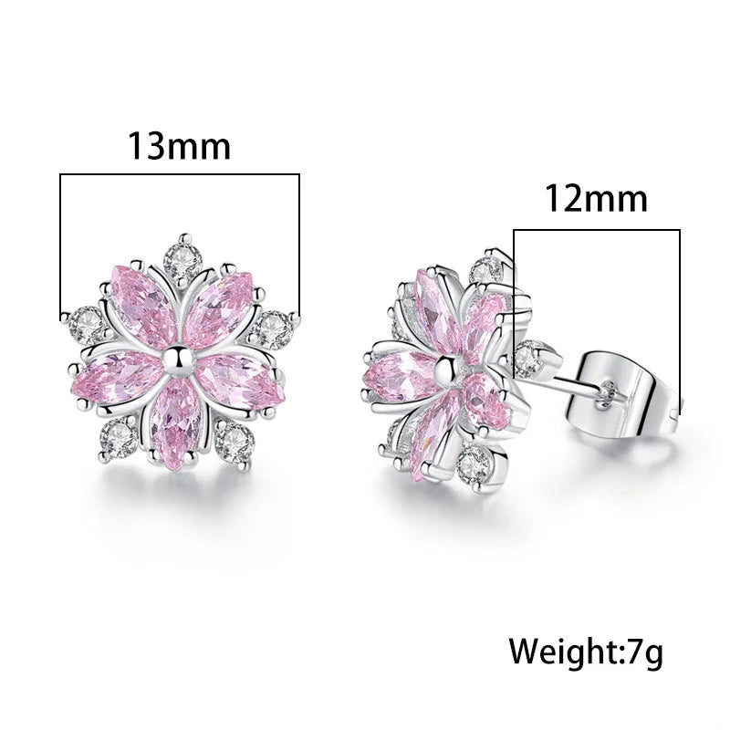 Luxury Female Pink Stone Flower Stud Earrings Silver Color Zircon Wedding Jewelry For Women
