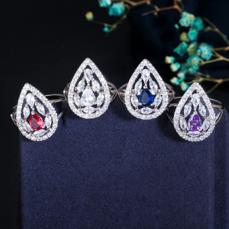 ThreeGraces Shining Red Zirconia Water Drop Shape Earring Necklace Ring Fashion Bridal Party Jewelry Set for Women JS554