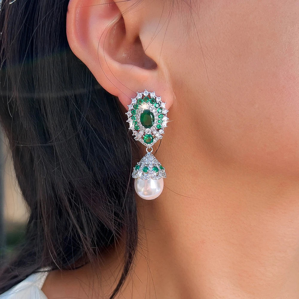 ThreeGraces Luxury Shiny Green White Zirconia Fashion Bridal Wedding Party Big Simulated Pearl Earrings for Women Jewelry E2035
