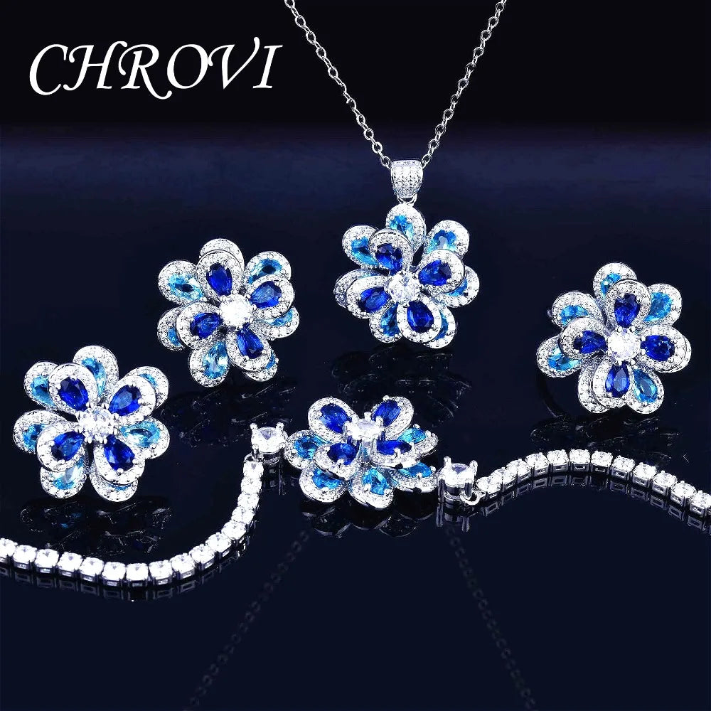 Elegant 925 Sterling Silver Coloured Flower Set, Simple Stud Earrings, 3D Flower Pendant, Open Ring
