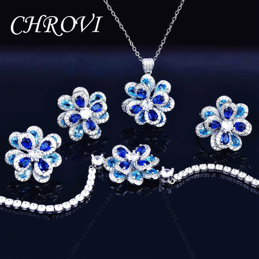 Elegant 925 Sterling Silver Coloured Flower Set, Simple Stud Earrings, 3D Flower Pendant, Open Ring