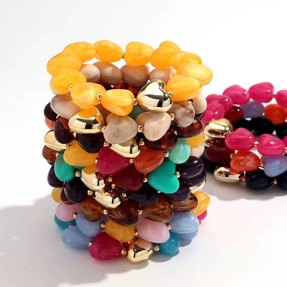 Sweet Resin Love Heart Beads Elastic Bracelets for Women Cute Geometric Heart Shape Stretch Bracelet Party Jewelry Gifts
