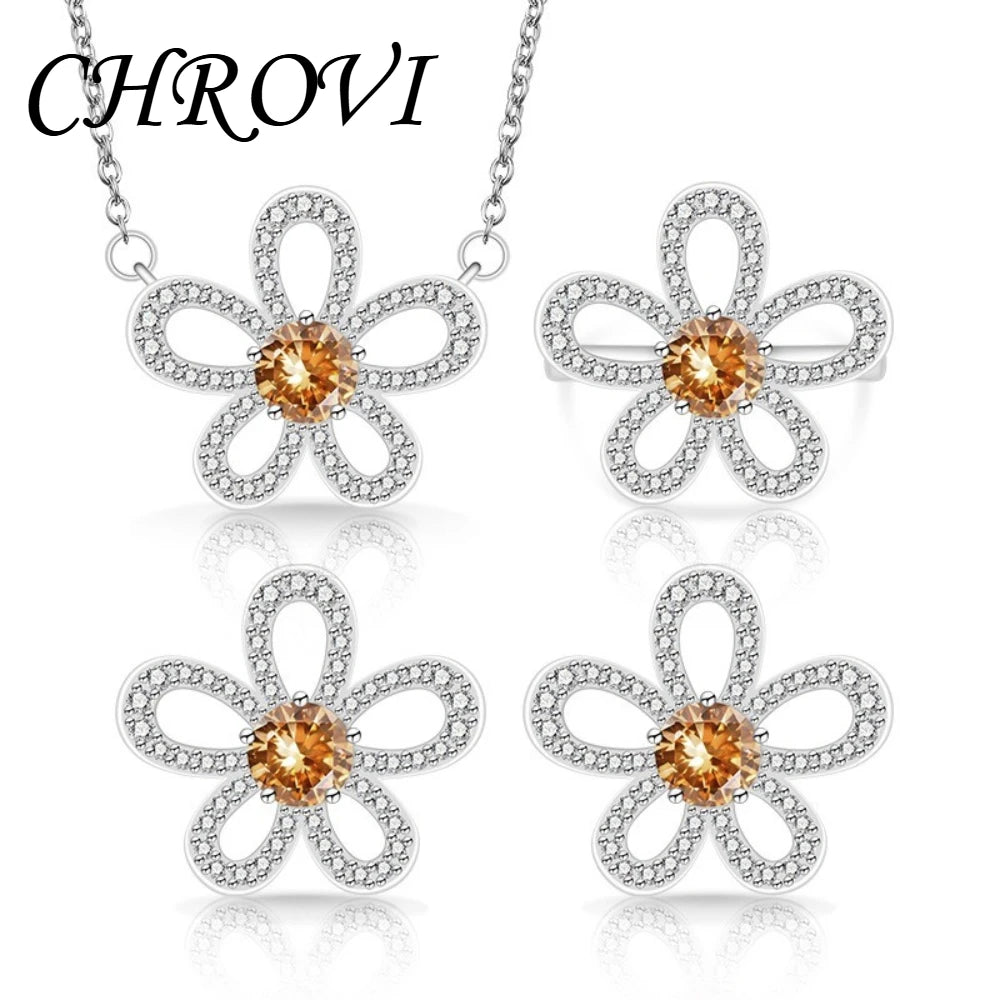Sweet 925 sterling silver luxury full-diamond five-petal flower gemstone pendant ring earring three-piece jewelry set