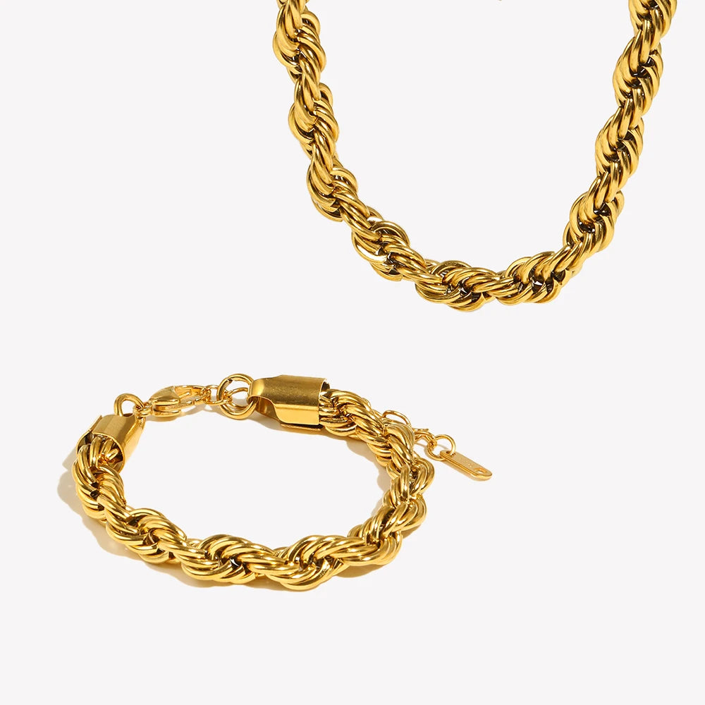 E.B.belle Tarnish Free Stainless Steel 18K Gold Plated Women's 8mm Chunky Twisted Rope Chain Necklace Trendy Gold Bracelet