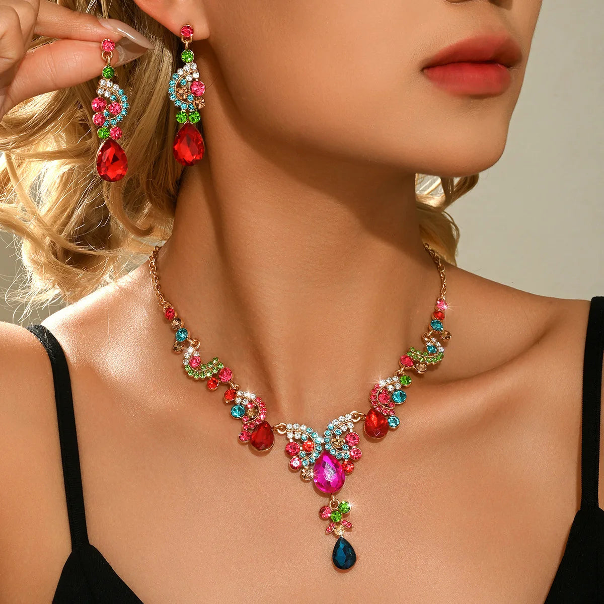 Women's Blue Geen Black Water Drop Earrings Necklace Set, Elegant Jewelry Gift for Women, Perfect for Parties & Daily Wear