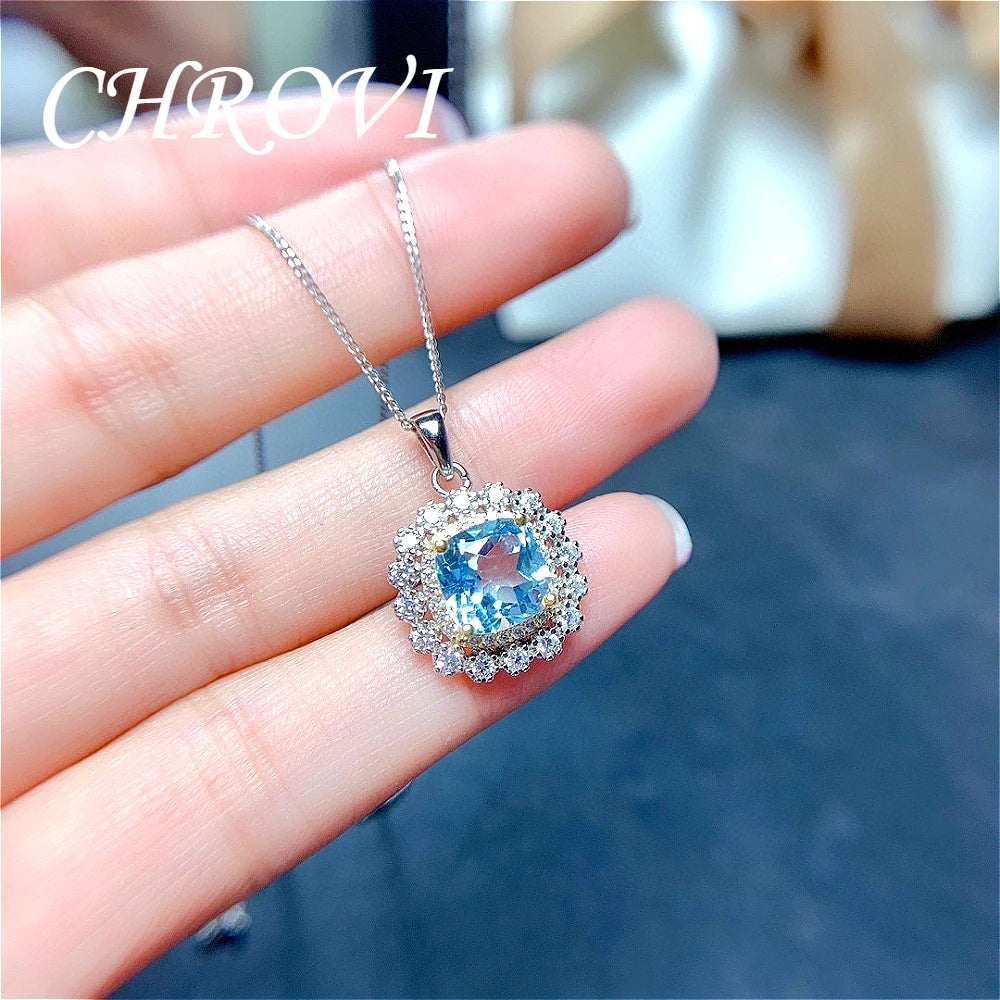 Luxury-Style 925 Sterling Silver Colorful Crystal Stone Set - Sky Blue Necklace, Ring Pendant, Stud Earrings for Women
