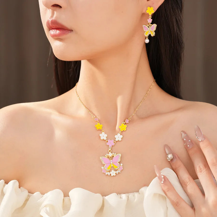 Pink Yellow Butterfly Flower Jewelry Set Sweet Enamel Necklace Drop Earrings Women's Fashion Party Banquet Accessories K