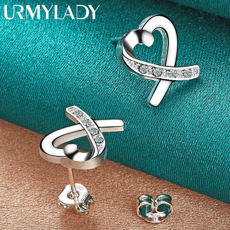 URMYLADY 925 Sterling Silver Love Heart Zircon Stud Earrings For Women Wedding Party Fashion Jewelry