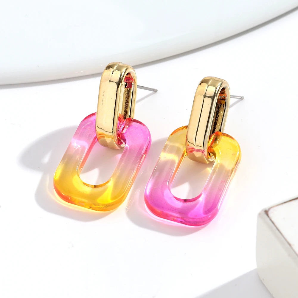 Fashion Acrylic Gradient Color Geometric Buckle Drop Earrings Transparent Iridescent Rectangle Earrings Women Wedding Jewelry
