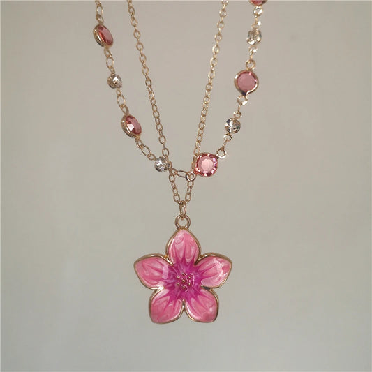 Vintage Pink Flower Pendant Multi Layer Crystal Gold Color Chain Stacking Choker Necklace Set For Women Aesthetic Neck Jewelry