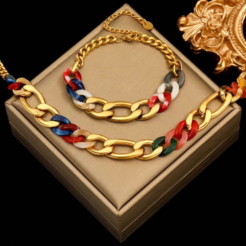EILIECK 316L Stainless Steel Thick Chain Necklace Bracelet For Women Fashion Trendy Exaggerated Punk Jewelry Set Gift Party