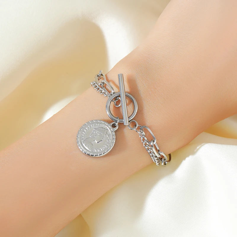 EILIECK 316L Stainless Steel Gold Color Portrait Coin Necklace Bracelets Set For Women New Trendy OT Buckle Waterproof Jewelry