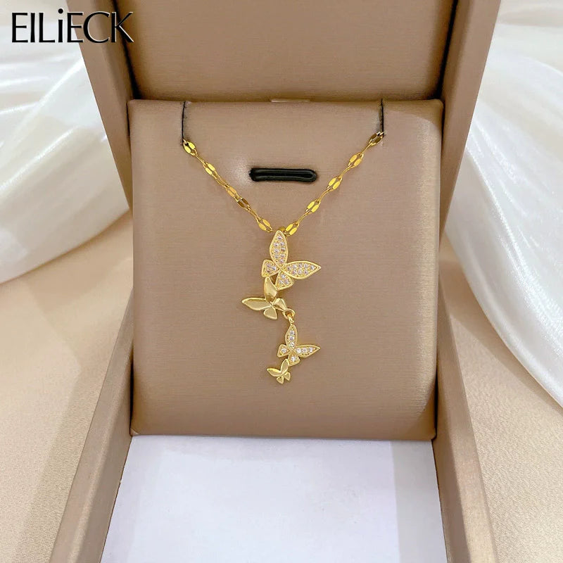 EILIECK 316L Stainless Steel Shine Cubic Zircon Butterfly Pendant Necklace for Girl Gold Color Waterproof Chic Jewelry Party