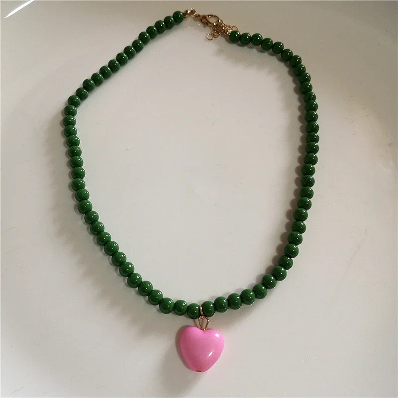 Kpop Resin Candy Color Heart Pendant Glass Beaded Short Choker Collar Neck Necklace Aesthetic Charm Jewelry Y2K Accessories