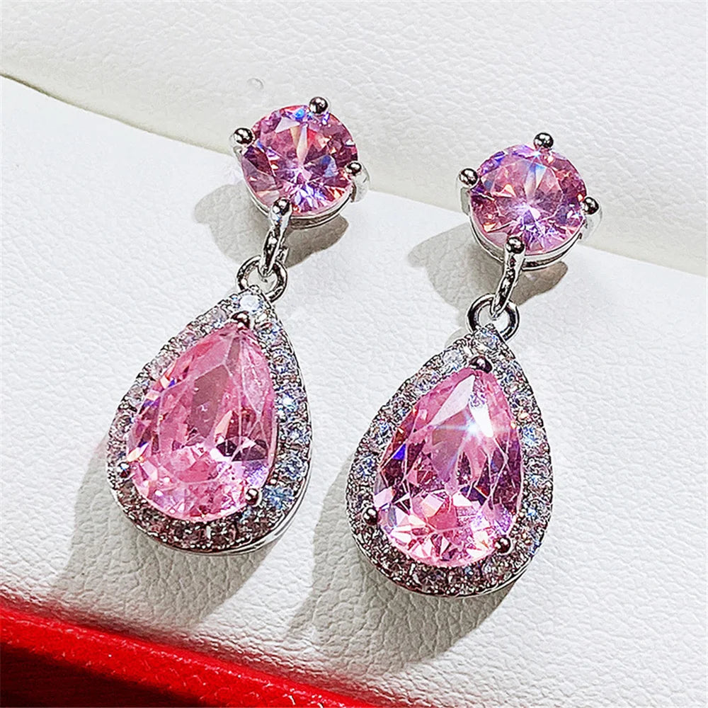 Luxury Female Blue Yellow White Zircon Stone Drop Dangle Earrings Cute Silver Color Party Jewelry For Women