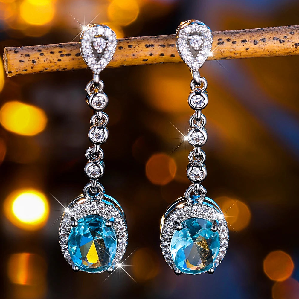 Elegant Female Light Blue Zircon Stone Drop Silver Color Earrings Cute Dangle Boho Long Wedding Jewelry For Women