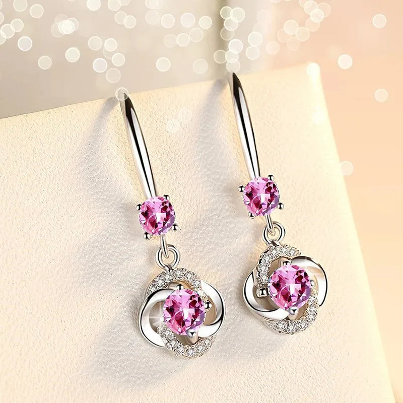 Boho Female Crystal Pink Blue White Drop Earrings Silver Color Zircon Stone Small Round Wedding Jewelry For Women