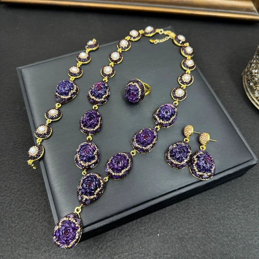 Rose Flower Amethyst Carving Crystal Jewelry Set for Women Rhinestone Quartz Cutting Bangle Rings Necklace Luxury Sets for Wed
