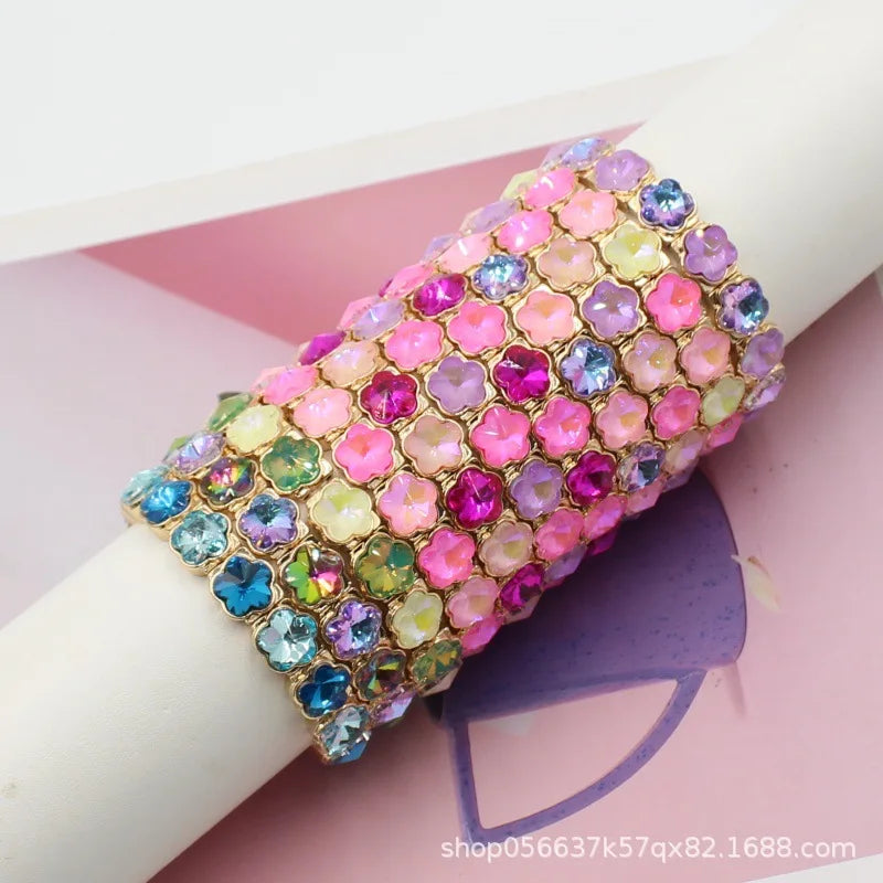 2026 Colored Rhinestone Flower Enamel Gold Bracelet Mocha Full Diamond Elastic Stacked Fashion Bridal Accessories