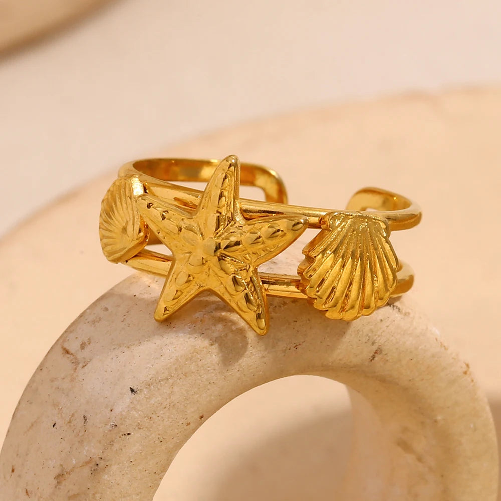 E.B.belle Ocean Style Double Layer Starfish Shell Opening Ring For Women Stainless Steel Gold Plated Vacation Chic Jewelry