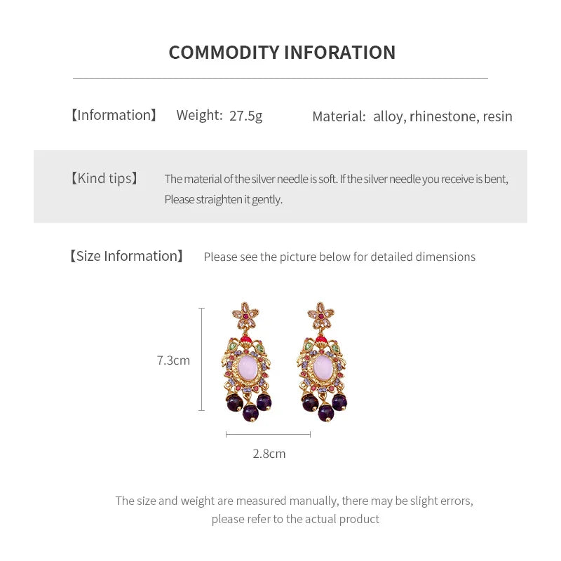 Mediaeval Retro Oval Resin Dangle Earrings Palace Style Rhinestones Flowers Tassels Pendant Ear Drops Jewelry Pendientes Mujer N