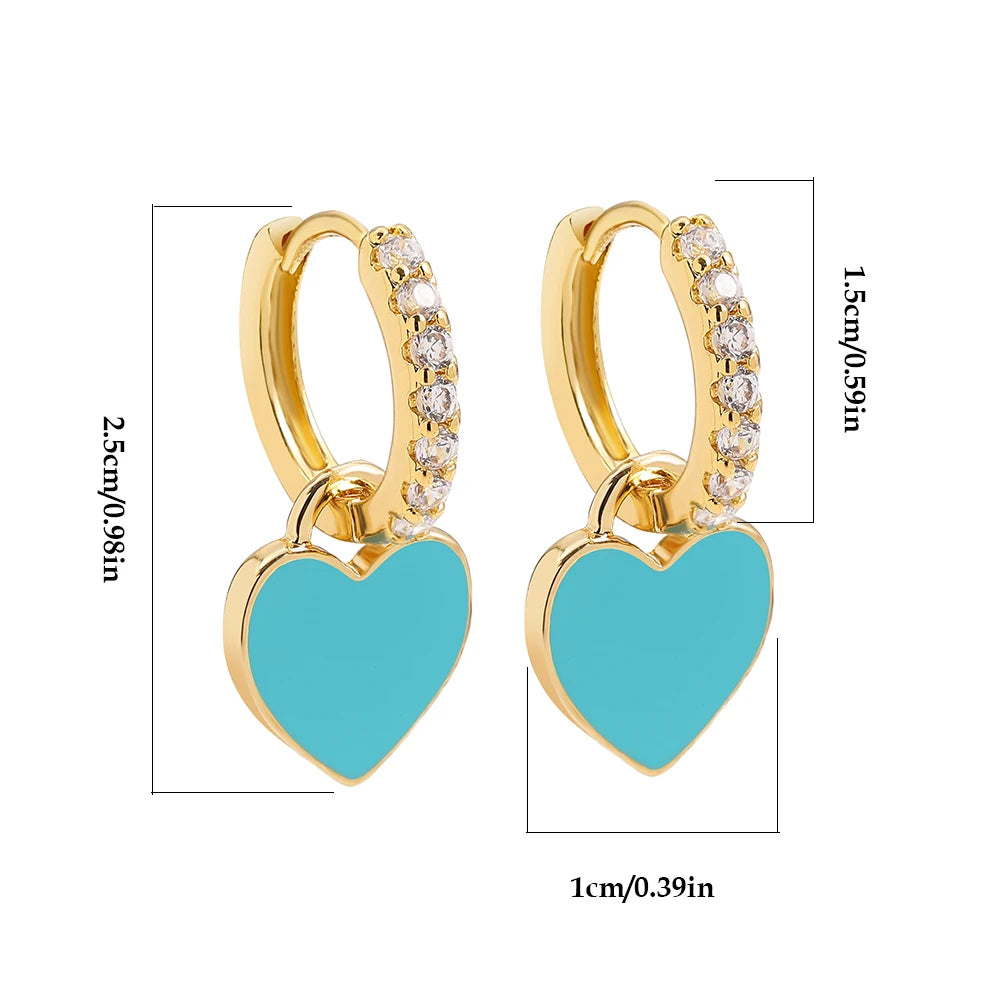 New Trendy Rhinestone Small Circle Hoops with Cute Candy Neon Color Heart Hanging Earrings for Women Gold Plated Huggies Jewelry