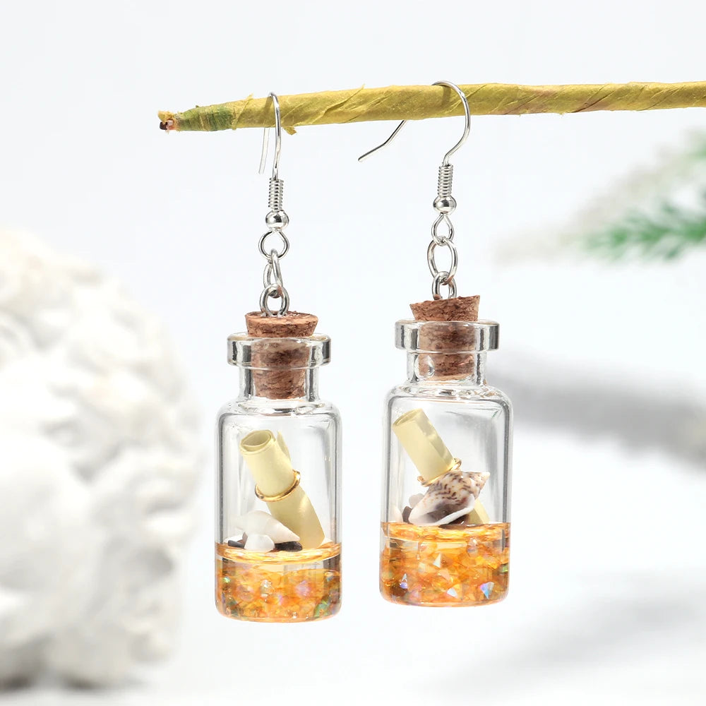 Creative Transparent Glass Drift Bottle Drop Earrings Cute Marine Animals Wish Bottle Dangle Earring Handmade Jewelry Gifts