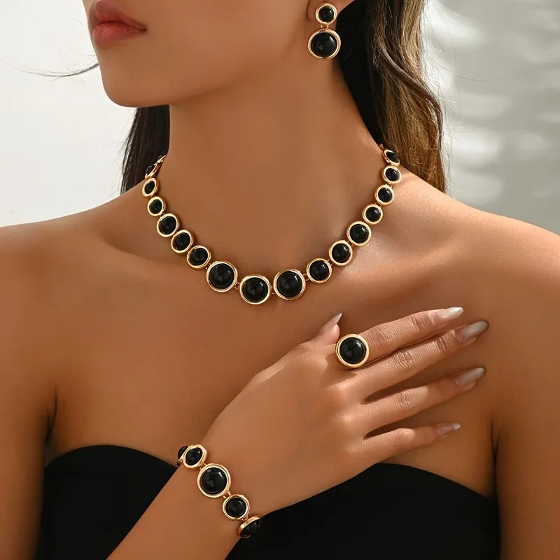 5pcs/set Metal Sphere Necklace Simple Luxury Resin Cord Bracelet for Women Elegant Ring Earring Party Accessory Vacation Gifts