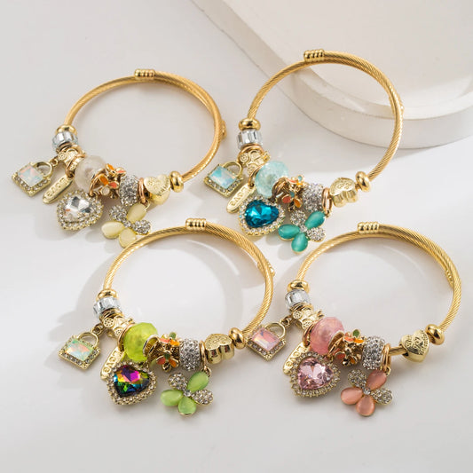 Cross border Hot Selling Panjia Stainless Steel Bracelet, Fashionable And Sweet Lock Heart Heart-Shaped Flower Pendant, High-End