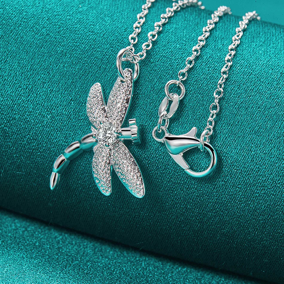 URMYLADY 925 Sterling Silver Dragonfly Necklace Bracelet Earring Ring Jewelry Set For Women Wedding Party Fashion Charm Gift