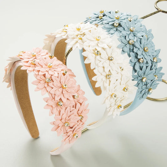 European and American New Multi-layer Leather Floral Headband Sponge High Skull Top Inlaid With Diamond Forest Style Headband