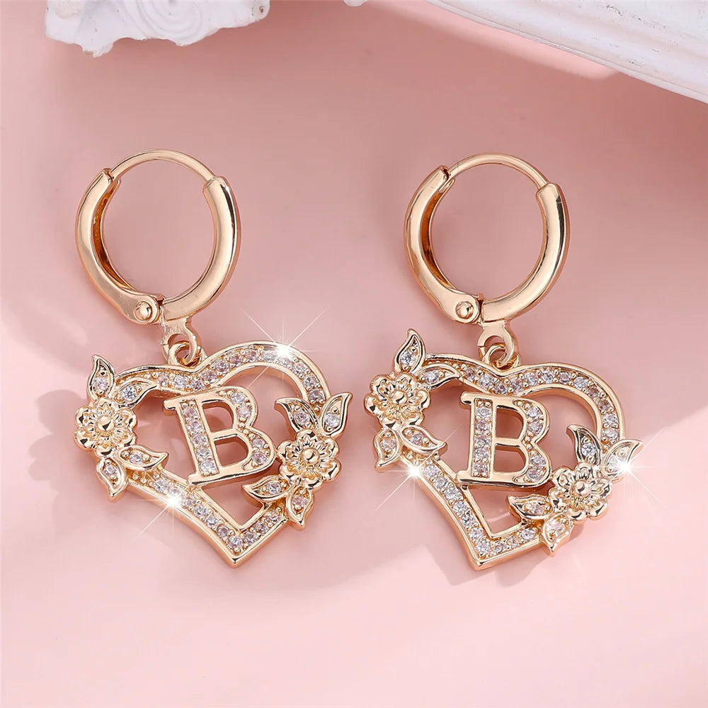 Female A-Z 26 Letter Heart Flower Hoop Earrings Yellow Gold Color White Zircon Wedding Jewelry For Women