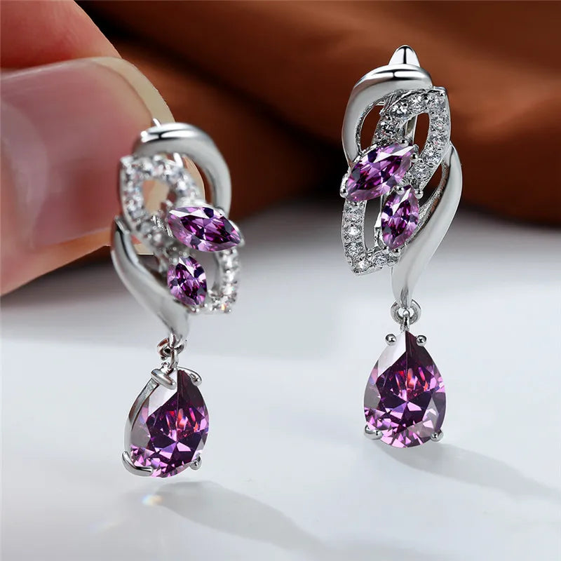 Luxury Female Blue Rainbow Stone Earring Silver Color Clip Earrings For Women Charm Crystal Zircon Wedding Jewelry