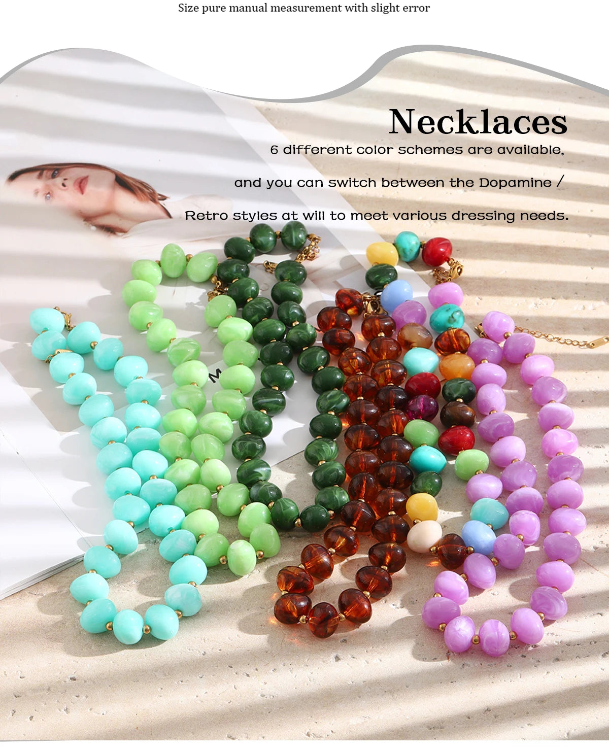 E.B.belle Colorful Candy Bead Strand Necklace Adjustable Gold Extension Chain Flat Oval Resin Beads Fashion Beach Women Jewelry