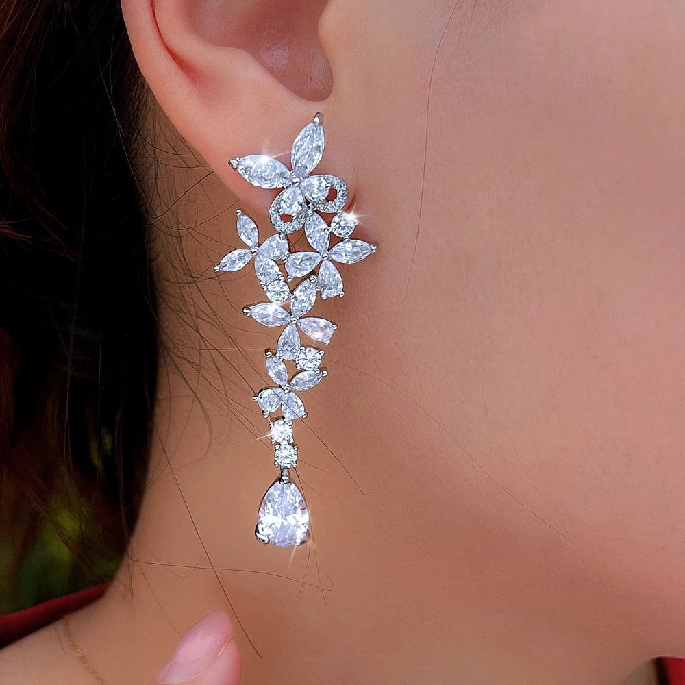 ThreeGraces 2026 New Fashion Shiny Zirconia Bridal Wedding Party Long Butterfly Flower Dangle Earrings for Women Jewelry E2128
