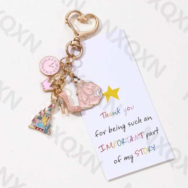 Cute Pink Clock Castle Crown Princess Enamel Keychain Lovely FatTonny Key Ring For Women Girls Good Gift Handmade Jewlery Set